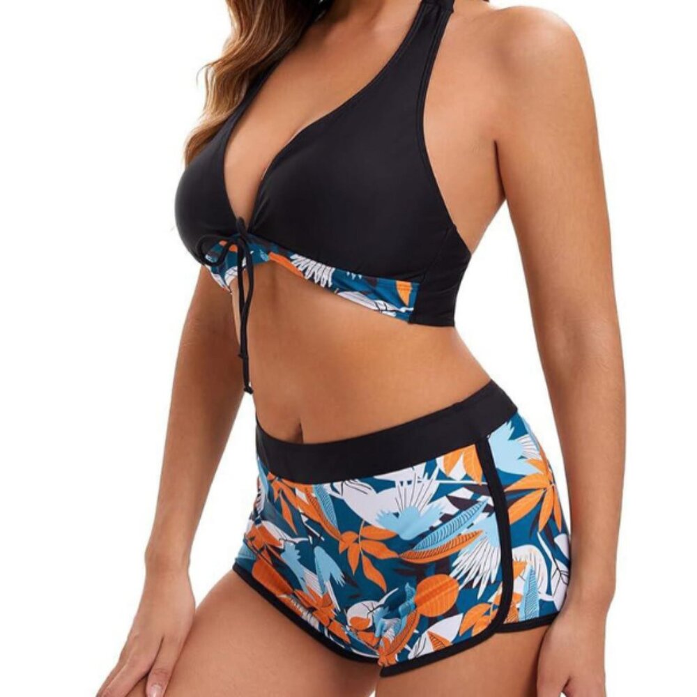 SHEIN Black‎ floral bikini set with orange accents | Tropical beach | Small